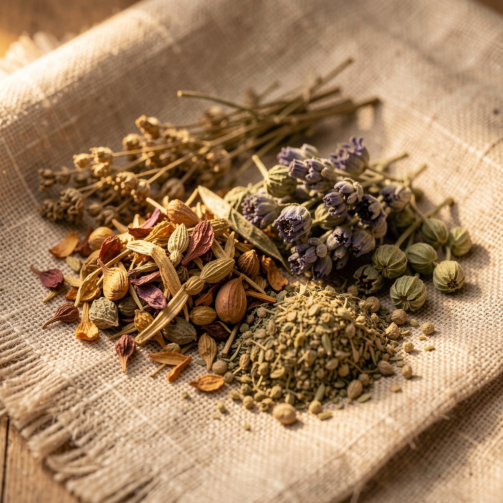 Zbliżenie na wysuszone zioła i rośliny aromatyczne ułożone na naturalnej tkaninie lnianej, ciepłe oświetlenie boczne wydobywające tekstury i kolory, spokojne dokumentalne kadry