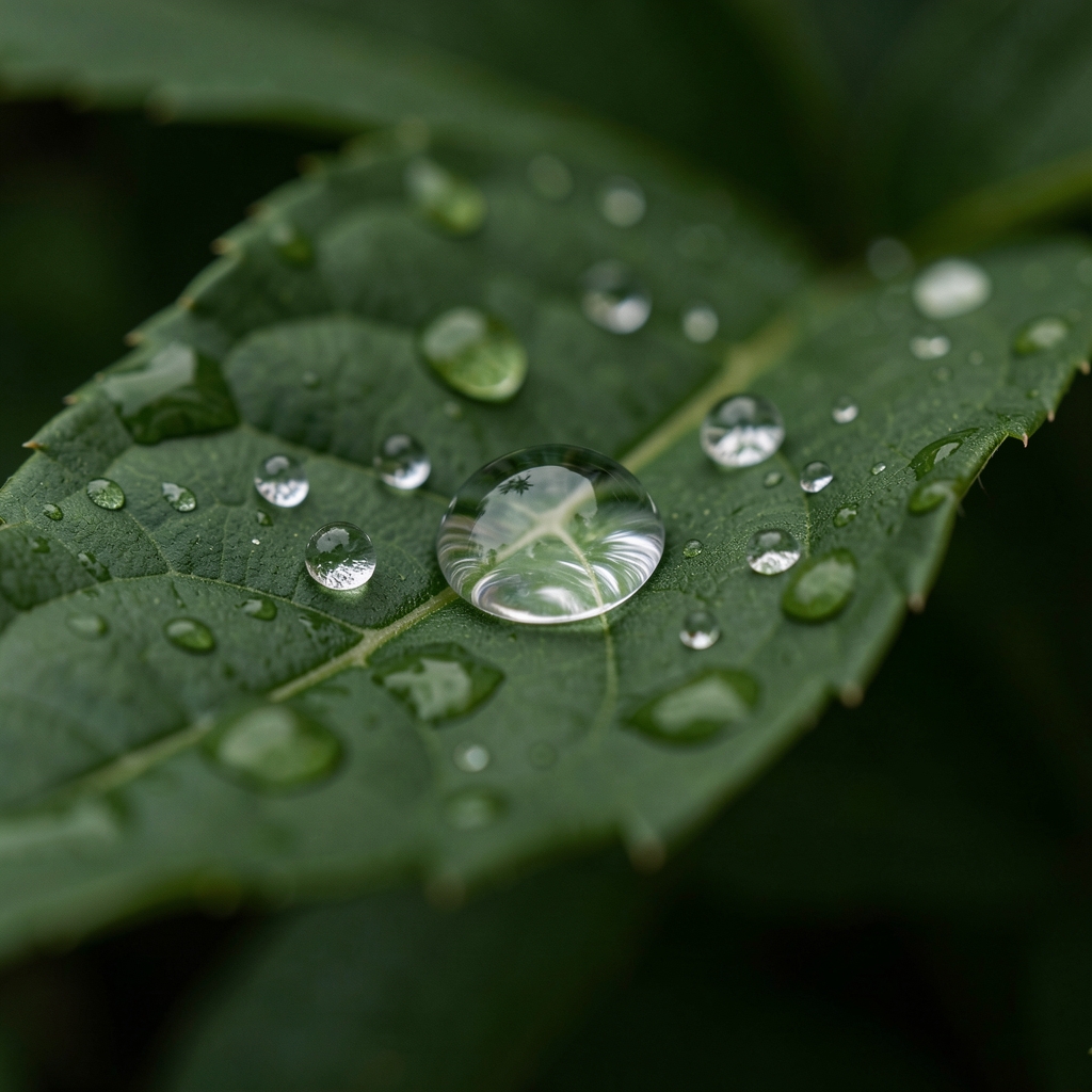 Krople czystej wody na ciemnej powierzchni roślinnej, makrofotografia z selektywną ostrością, przezroczystość i geometria kropel na tle matowej zieleni